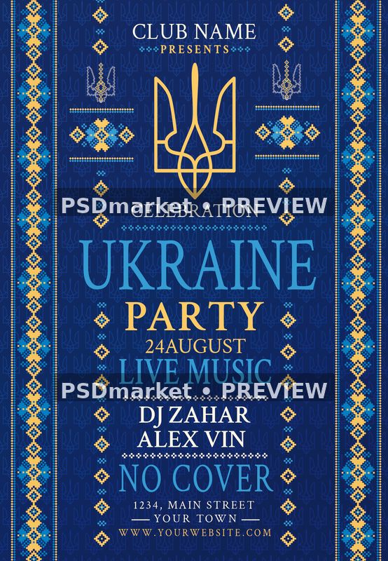 Blue Gold Ukrainian Ornament Party Flyer PSD Template — PSD template preview