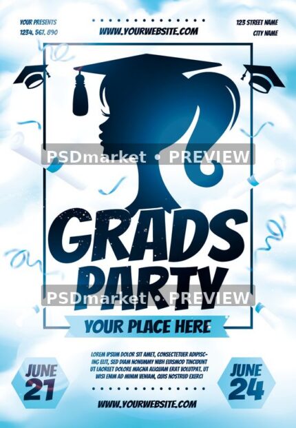 Blue graduation flyer with female graduate silhouette, caps, diplomas and two horizontal preview watermarks