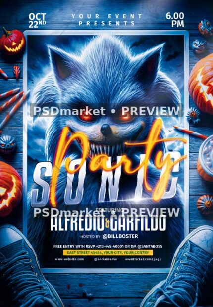 Blue Hedgehog Monster Halloween Party Flyer PSD Template — reduced watermarked source artwork preview