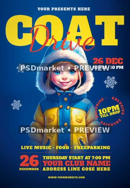 Blue Hooded Coat Winter Drive Flyer PSD Template — reduced watermarked source artwork preview