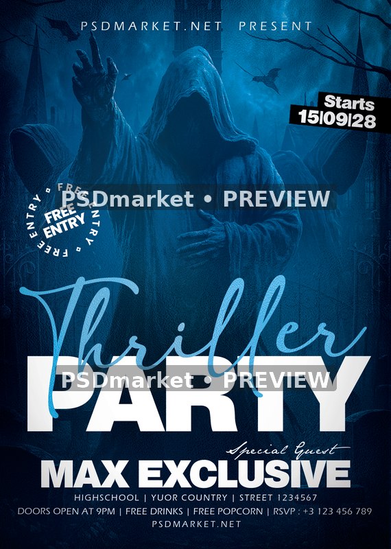 Blue Hooded Ghost Thriller Party Flyer PSD Template — PSD template preview