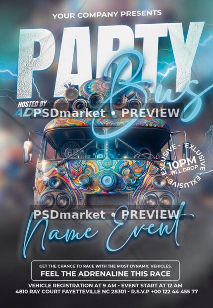 Blue Lightning Psychedelic Party Bus Flyer PSD Template — PSD template preview