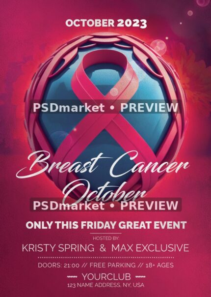 Blue Medallion Pink Ribbon October Awareness Flyer PSD Template — reduced watermarked source artwork preview