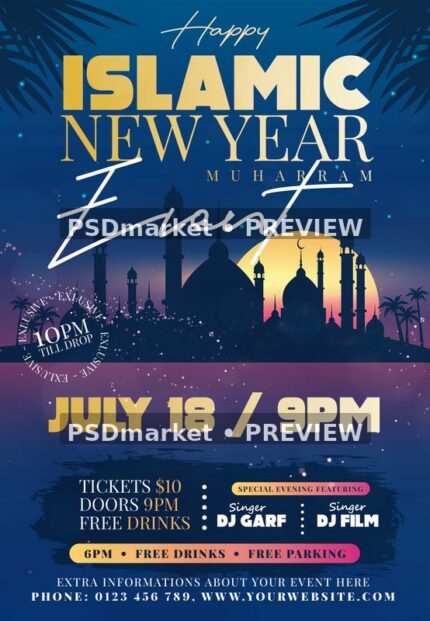 Blue Mosque Islamic New Year Flyer PSD Template — PSD template preview