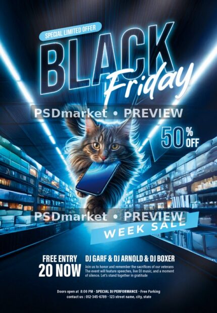 Blue Neon Kitten Black Friday Flyer PSD Template — reduced watermarked source artwork preview