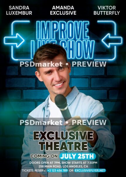 Blue Neon Microphone Live Show Flyer PSD Template — PSD template preview