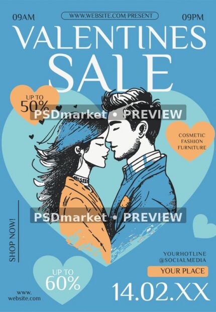 Blue Valentine sale flyer with orange and blue illustrated couple, large heart and contrasting discount badges