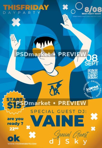 Blue and orange DJ party flyer with illustrated headphone-wearing character raising both arms