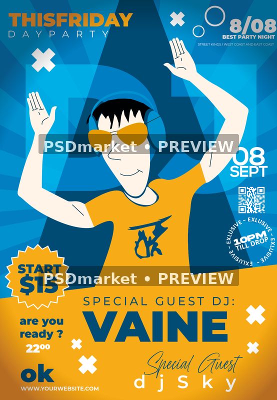 Blue Orange Illustrated DJ Party Flyer PSD Template — PSD template preview