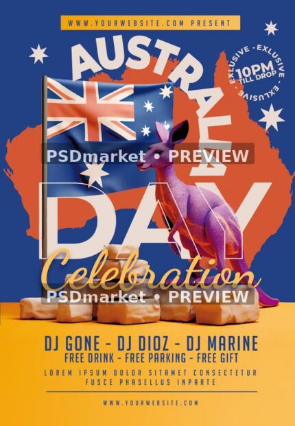 Blue and orange Australia Day flyer with purple kangaroo, Australian flag, map silhouette and yellow footer