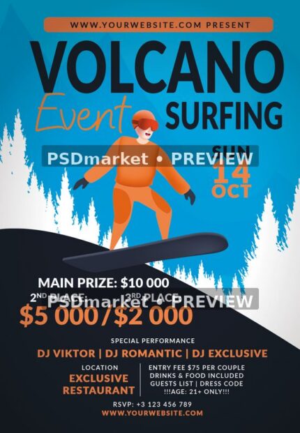 Blue volcano surfing themed flyer with orange board rider, white trees, dark slope and prize information