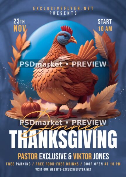 Blue Oval Turkey Thanksgiving Dinner Flyer PSD Template — reduced watermarked source artwork preview