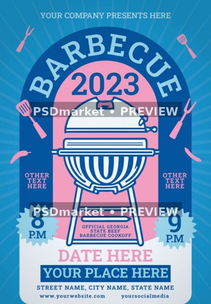 Blue and pink barbecue flyer with kettle grill illustration, curved title and time badges. Two horizontal PSDmarket preview watermarks.