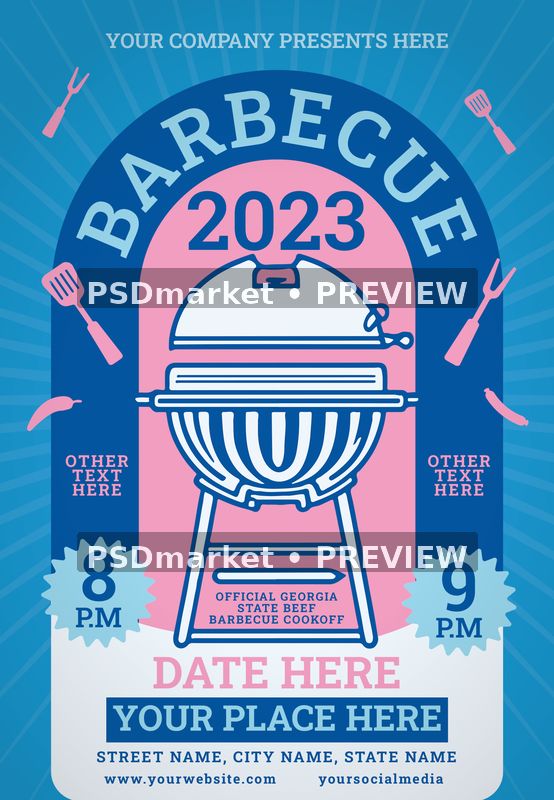 Blue Pink Kettle Grill Barbecue Flyer PSD Template — PSD template preview