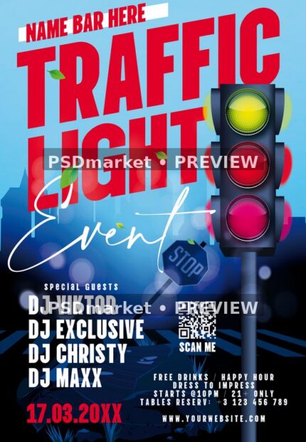 Blue traffic light party flyer with giant red headline, stylized signal, white script and guest DJ fields