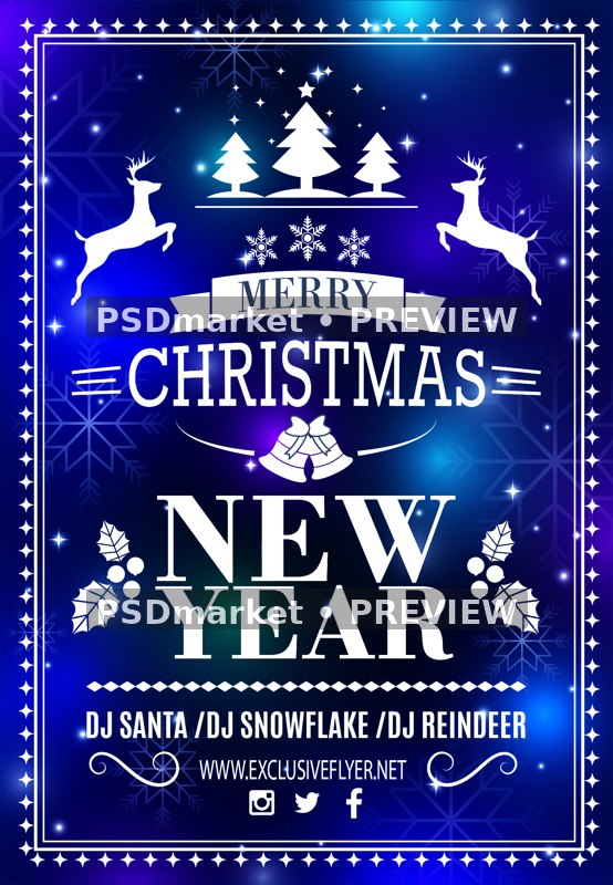 Blue Reindeer Christmas and New Year Flyer PSD Template — PSD template preview