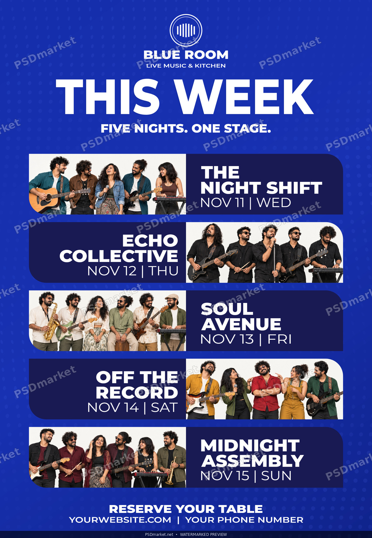Blue Room weekly live music flyer with five band photo blocks and cobalt THIS WEEK headline