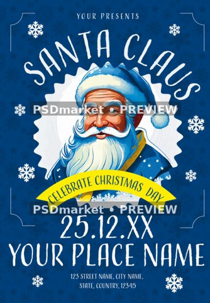 Blue Santa Portrait Christmas Day Flyer PSD Template — reduced watermarked source artwork preview