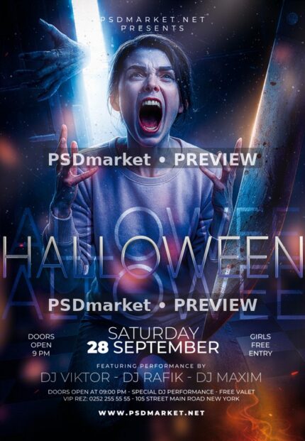 Blue Scream Halloween Party Flyer PSD Template — reduced watermarked source artwork preview