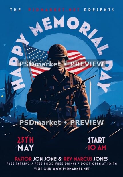 Blue Soldier Memorial Day Flyer PSD Template — PSD template preview