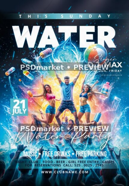 Blue Splash Crowd Water Party Flyer PSD Template — PSD template preview