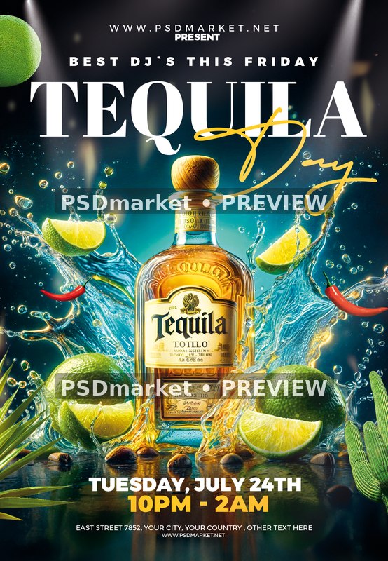 Blue Splash Lime Bottle Tequila Day Flyer PSD Template — PSD template preview
