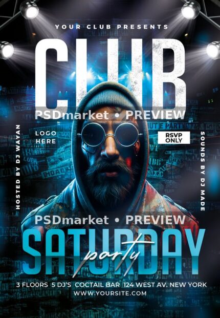 Blue Spotlights Club Saturday Flyer PSD Template — PSD template preview