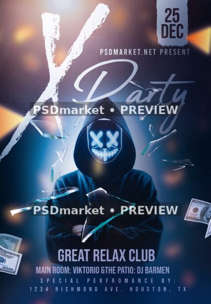 Blue Stitched Smile Mask X Party Flyer — reduced watermarked source artwork preview