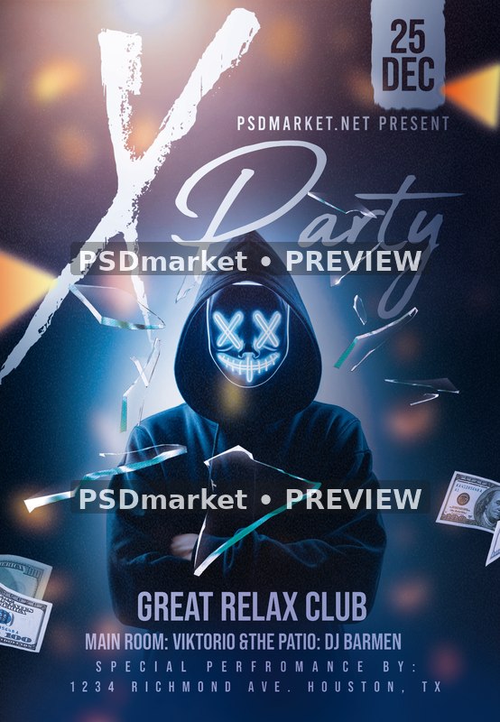 Blue Stitched Smile Mask X Party Flyer PSD Template — PSD template preview