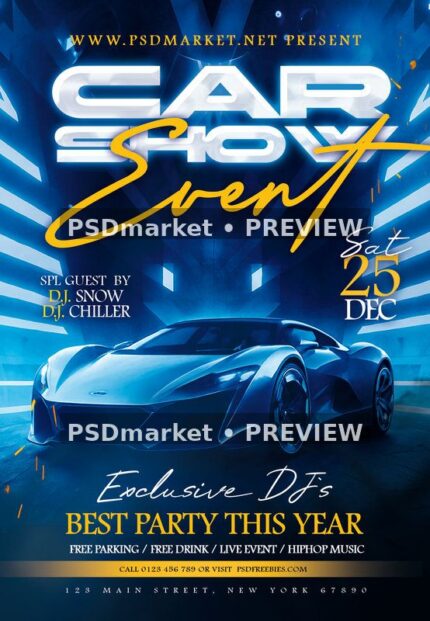 Blue Car Show flyer with sports car, metallic headline, yellow script and two preview watermarks