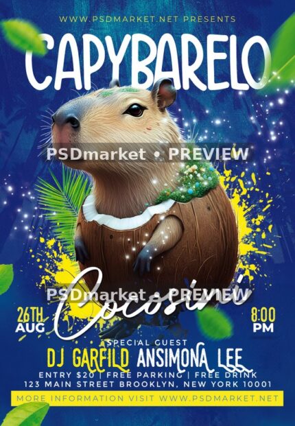 Blue Tropical Capybarelo Cocosini Event Flyer — watermarked source artwork preview