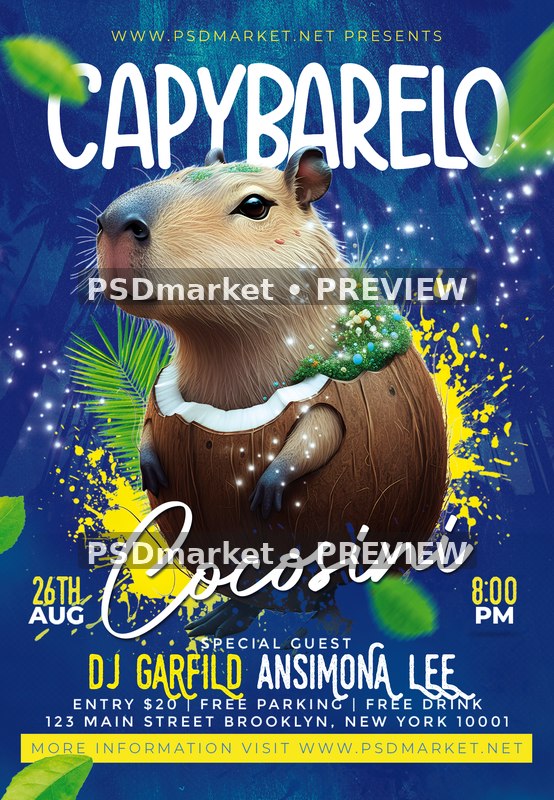 Blue Tropical Capybarelo Cocosini Event Flyer PSD Template — PSD template preview