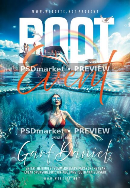 Blue Underwater Boat Party Flyer PSD Template — PSD template preview