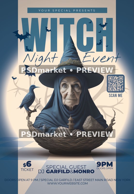Blue Witch and Crows Night Event Flyer PSD Template — reduced watermarked source artwork preview