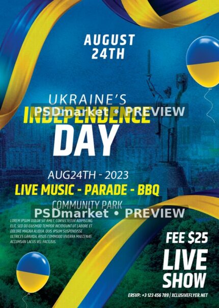 Blue Yellow Ribbon Ukraine Independence Day Flyer PSD Template — PSD template preview