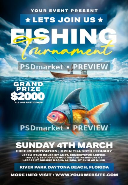 Boat and Goldfish Fishing Tournament Flyer PSD Template — PSD template preview