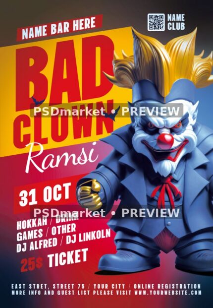 Bold Bad Clown Halloween Night Flyer PSD Template — reduced watermarked source artwork preview