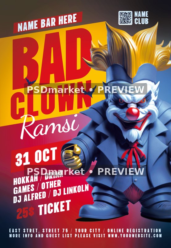 Bold Bad Clown Halloween Night Flyer PSD Template — reduced watermarked source artwork preview