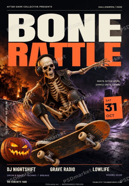 Bone Rattle Halloween Skate Party Flyer PSD Template — protected PSDmarket preview