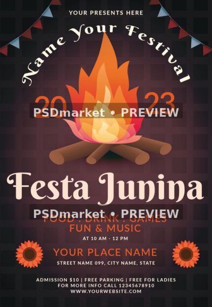 Dark Festa Junina flyer with orange bonfire, crossed logs, triangular bunting and cream decorative headline