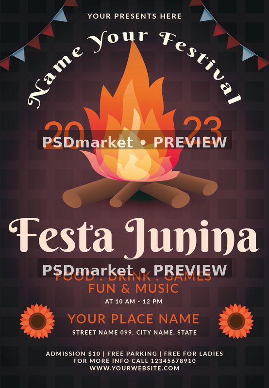 Bonfire Bunting Festa Junina Flyer PSD Template — PSD template preview