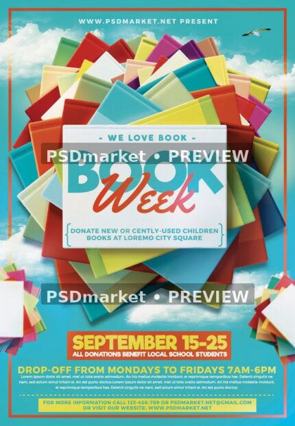 Book Week Colorful Stacked Books Flyer PSD Template — PSD template preview