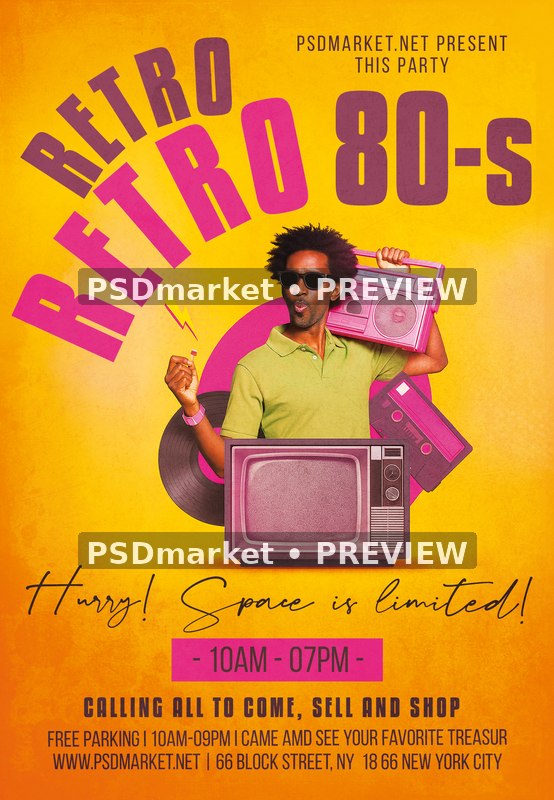 Boombox and Television Retro 80s Flyer PSD Template — PSD template preview