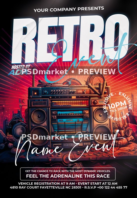 Boombox Neon Retro Event Flyer PSD Template — PSD template preview
