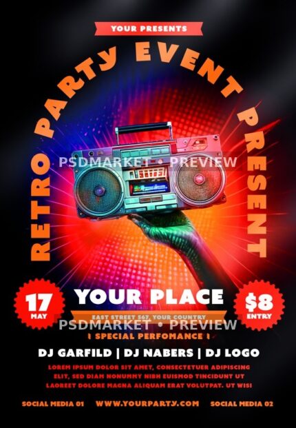 Boombox Retro Party Event Flyer PSD Template — PSD template preview