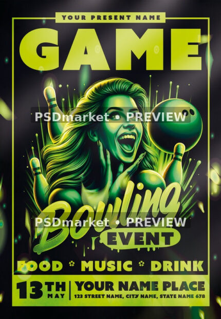 Bowling Game Flyer PSD Template — PSD template preview