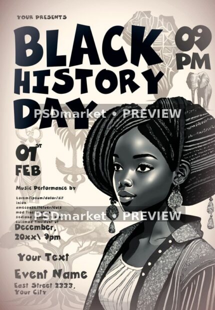Cream and black Black History Day flyer with a braided illustrated portrait, displayed with two horizontal preview watermarks