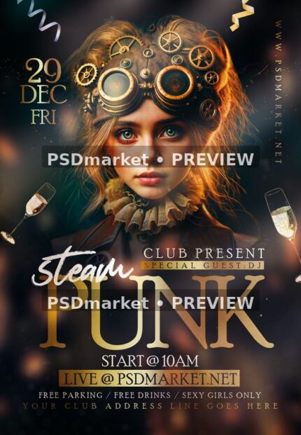 Dark steampunk flyer with character portrait, brass goggles, gears, warm light and large gold Punk lettering