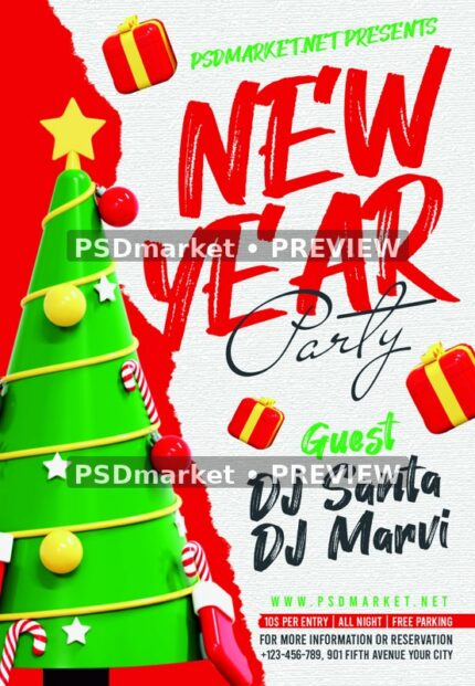Bright Green Tree New Year Party Flyer PSD Template — reduced watermarked source artwork preview