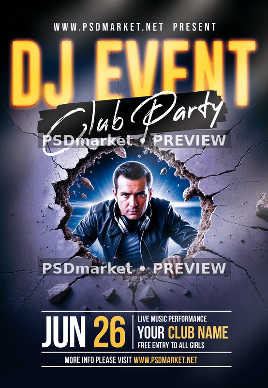 Broken Concrete Wall DJ Club Party Flyer — reduced watermarked source artwork preview